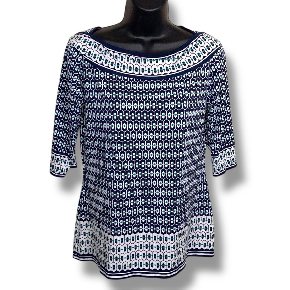 Medium Max Studio Blue Green White Stretch Blouse 3/4 Sleeve Geometric